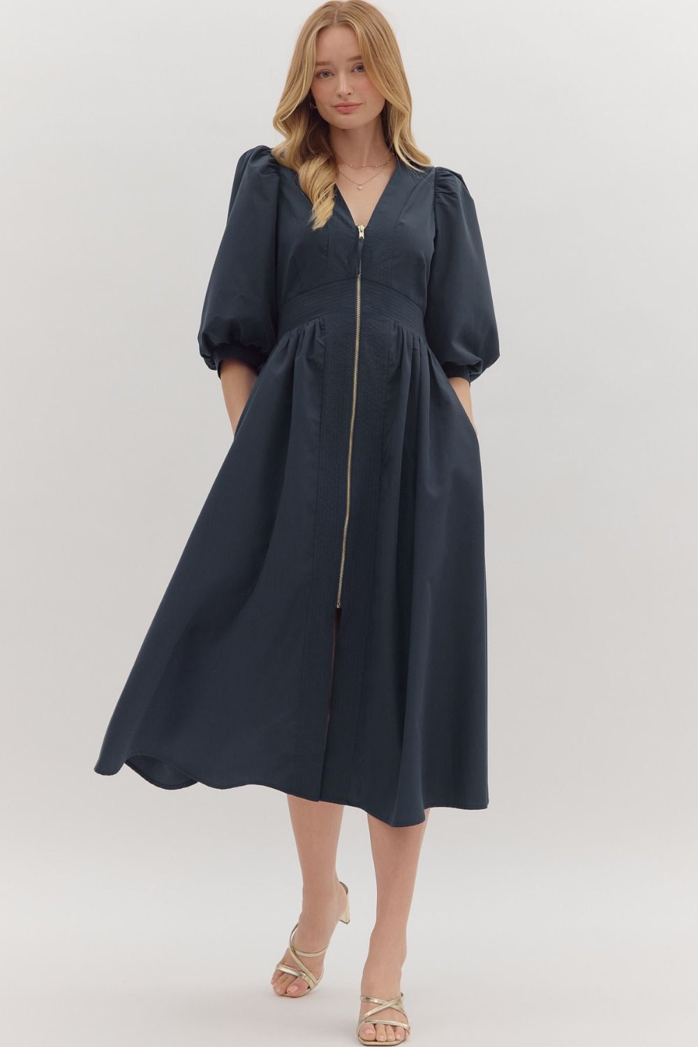 3/4 Puff Slv Vneck Zipper Midi Dress, Color: NAVY, Size: S