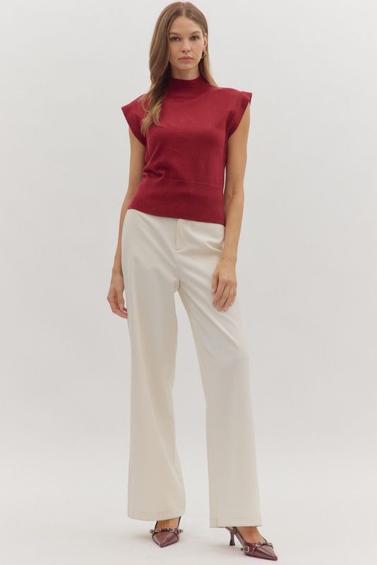 Solid Mock Neck Top W/Rib Hem