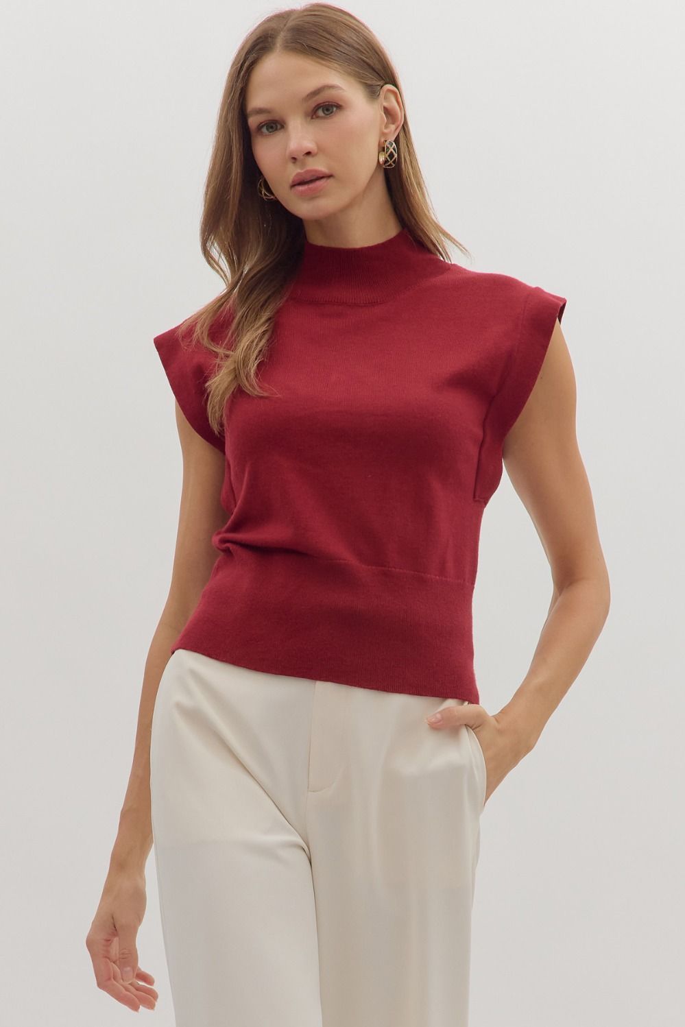 Solid Mock Neck Top W/Rib Hem, Color: BURG, Size: S