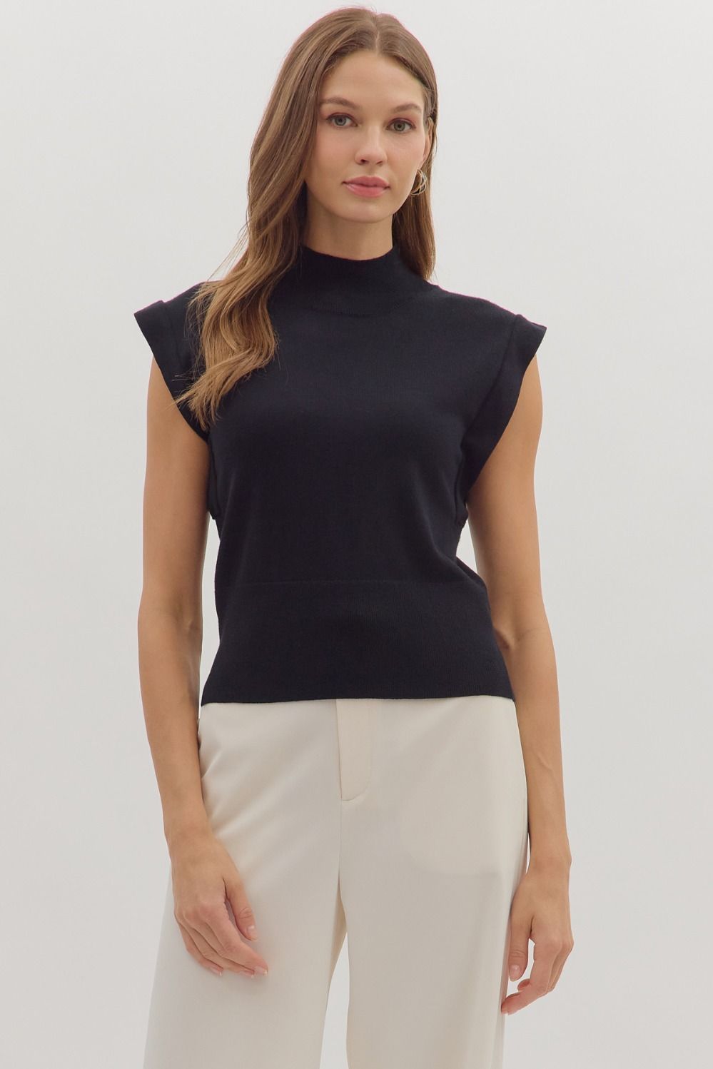 Solid Mock Neck Top W/Rib Hem, Color: BLACK, Size: S