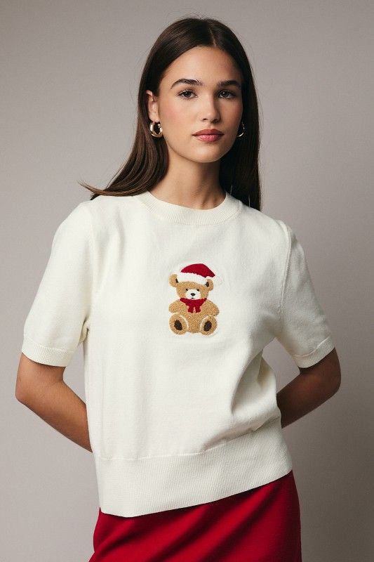 Santa Bear Graphic Sweater, Color: CREAM, Size: S