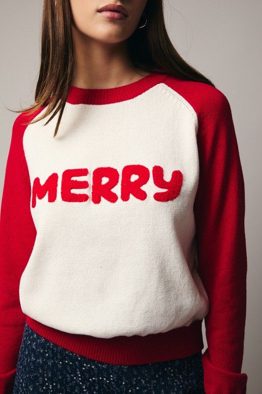 Raglan Slv Merry Sweater, Color: CREAM/RED, Size: S