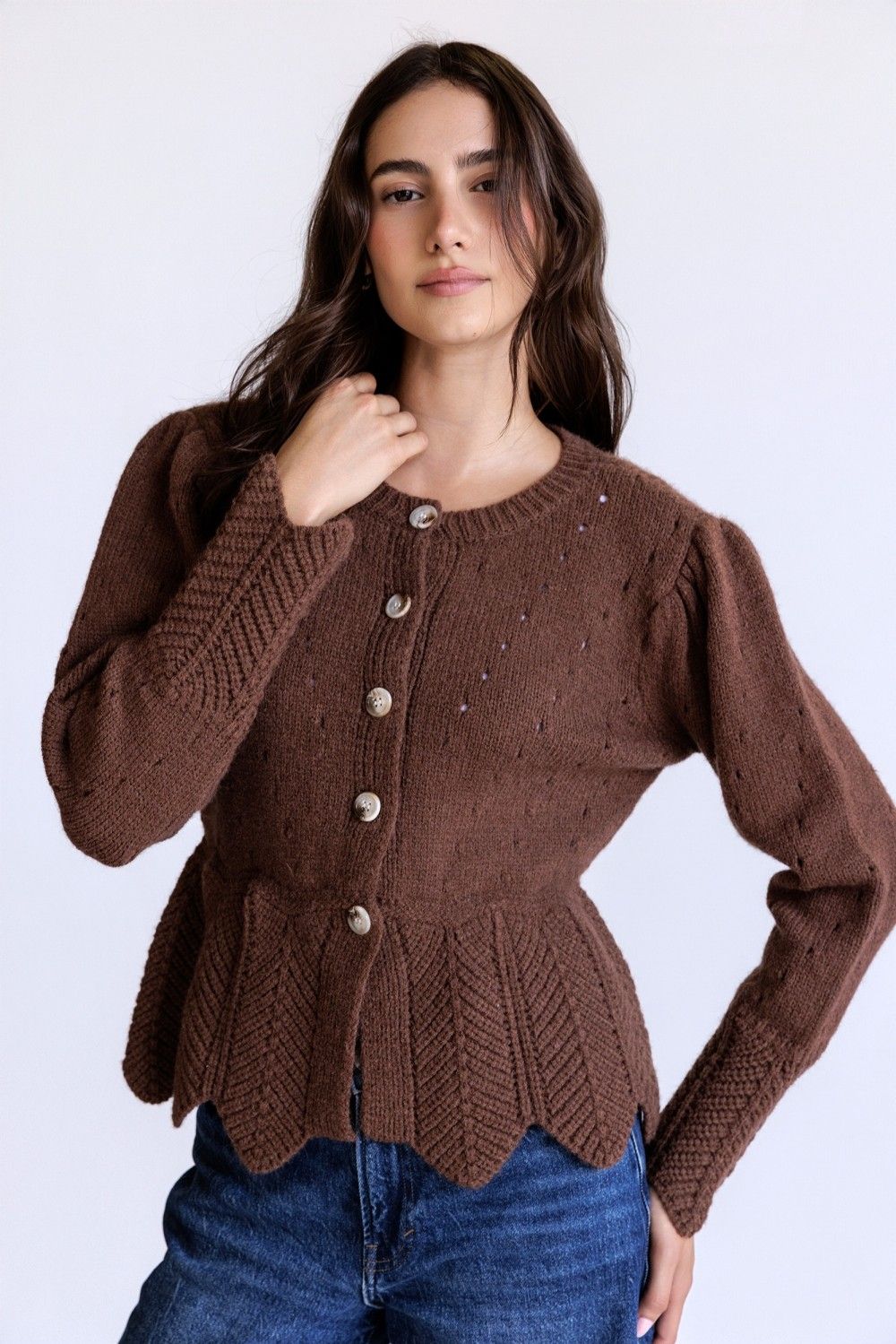 Scallop Trim Knit Cardigan, Color: BROWN, Size: S