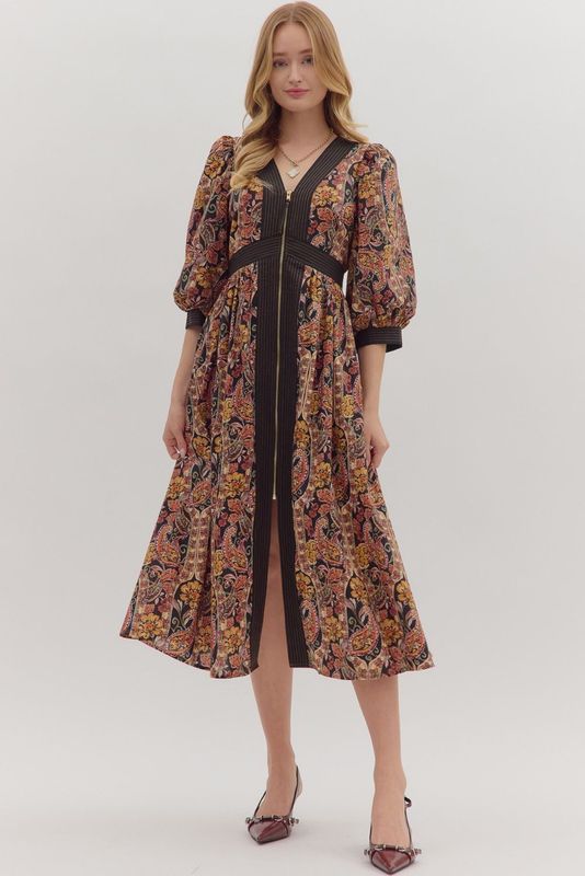 Paisley Prt Puff Slv Midi Dress