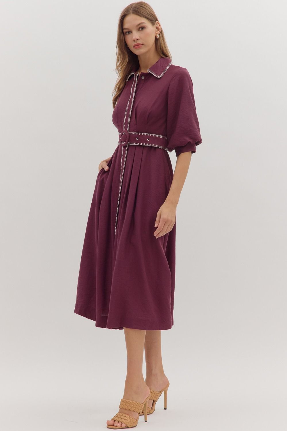 Puff Slv Blanket Stitch Det Midi Dress, Color: PLUM, Size: S