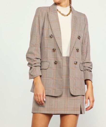 Plaid Double Breast Blazer, Color: BROWN, Size: XS