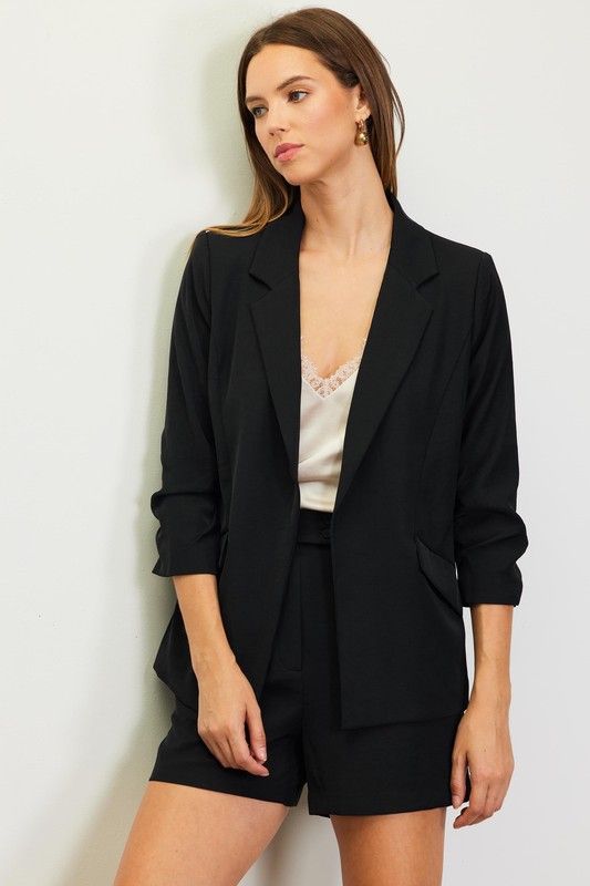 Recycled Poly Shirred Slv Blazer, Color: BLACK, Size: XS