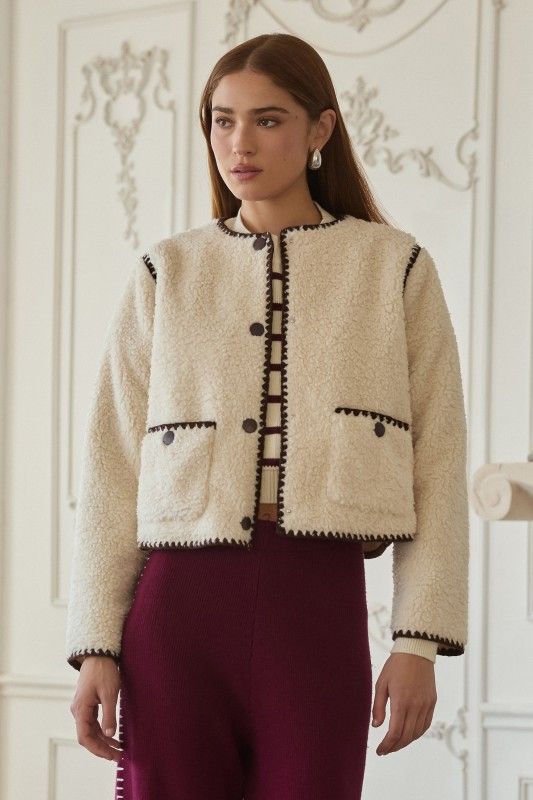 Sherpa Jacket W/Contast Trim, Color: IVORY/CHOC, Size: XS