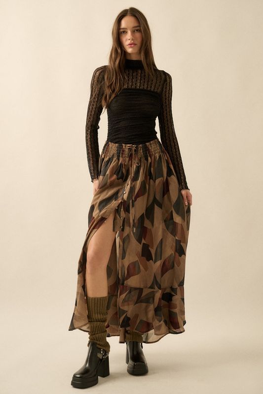 Abstract Prt Front Drawstring Maxi Skirt