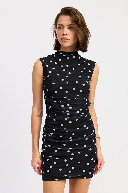 S/L Mock Neck Mesh Mini Dress, Color: BLK POLKA DOT, Size: S