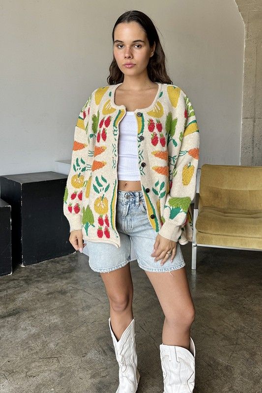 Fruit Vegetable Jacquard Sweater Cardigan