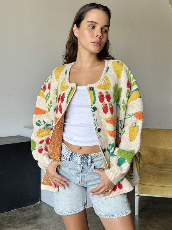 Fruit Vegetable Jacquard Sweater Cardigan, Color: MULTI, Size: O/S
