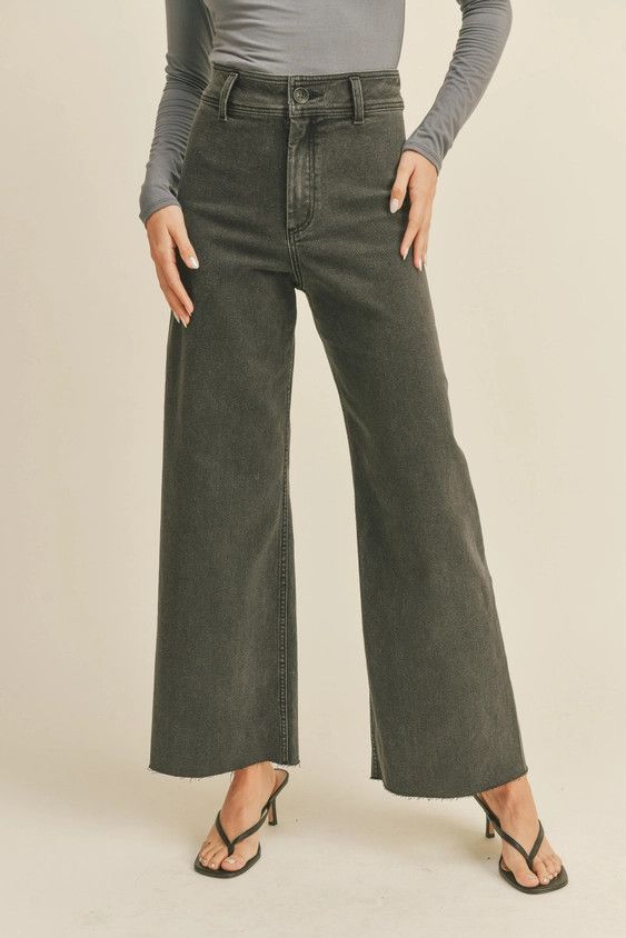 Straight Wide Leg Denim Pants, Color: WASHED BLK, Size: S