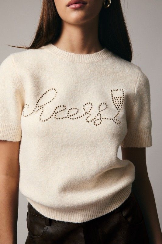 Cheers Rhinestone Lettering Sweater, Color: CREAM, Size: S