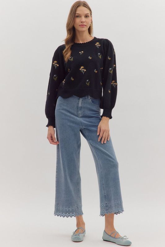 Embroidered Scallop Detail Sweater