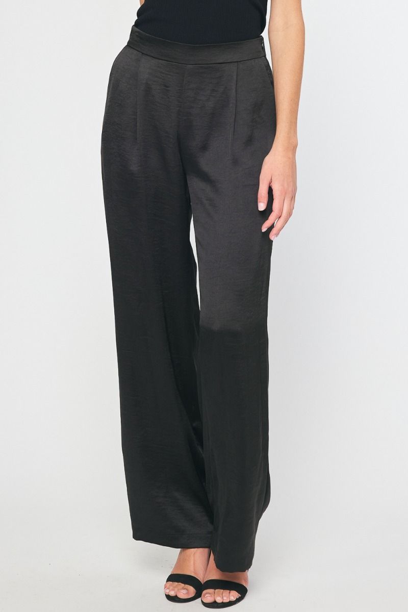 Satin High Waist Wide Leg Pants, Color: BLACK, Size: S