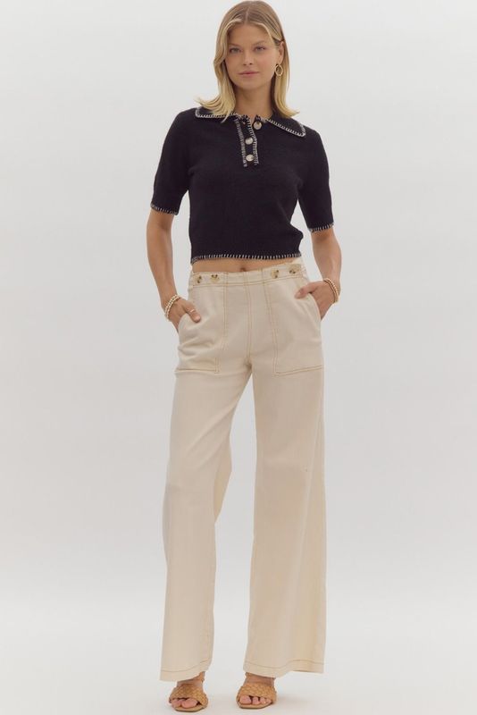 Collared Sweater Top W/Contrast Stitch