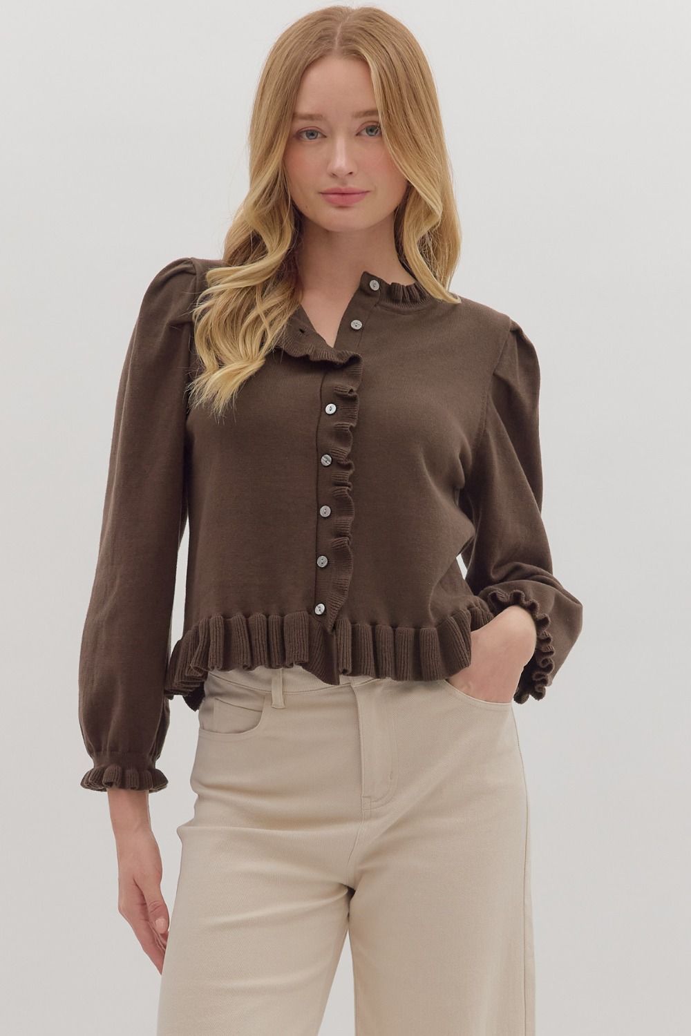 Ruffle Detail Button Cardigan, Color: CHOC, Size: S