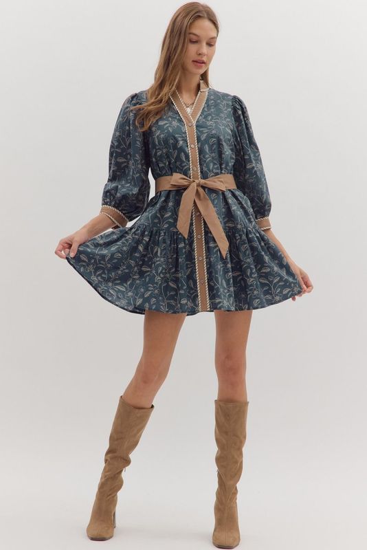 3/4 Slv Floral Prt Mini Dress W/Belt