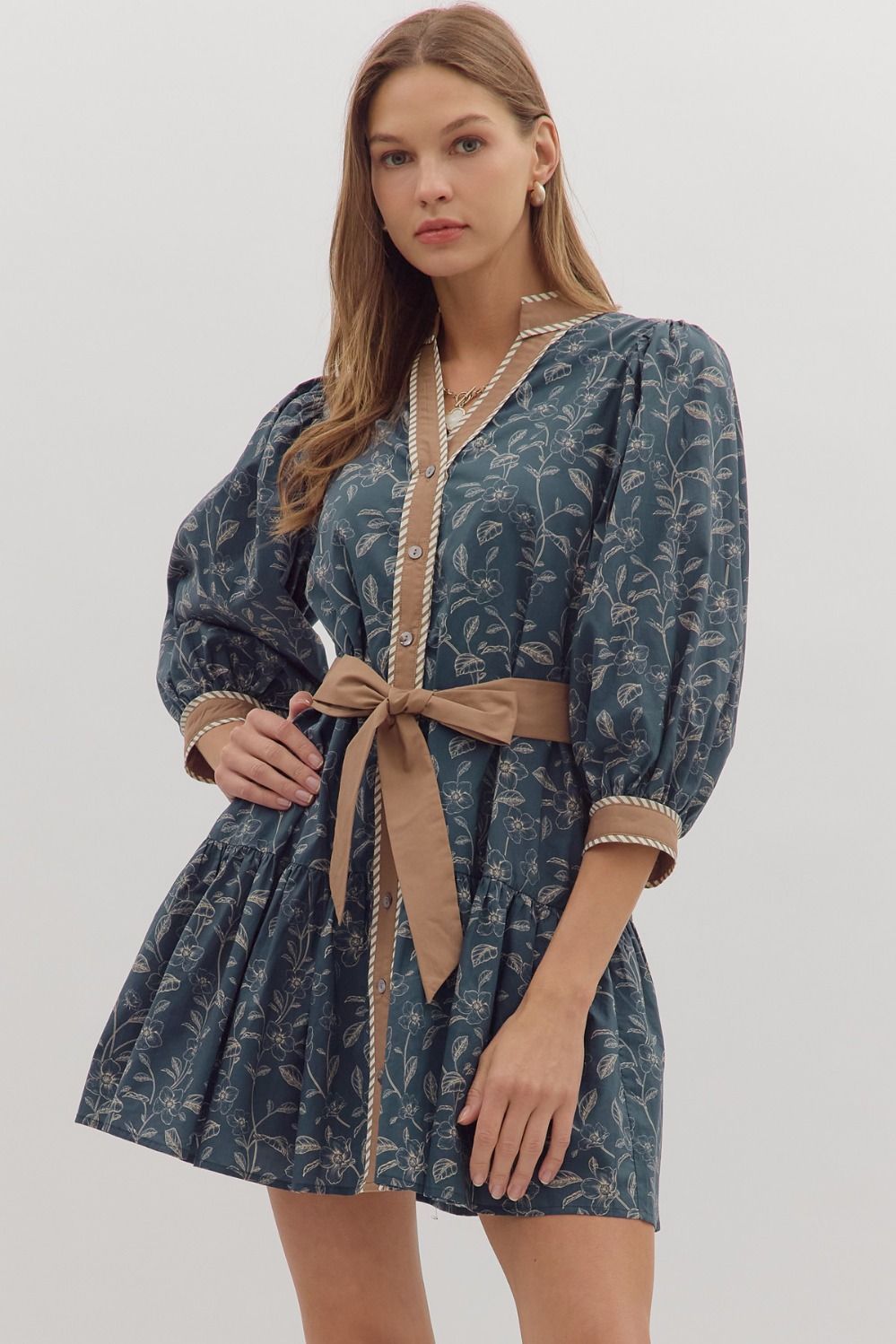 3/4 Slv Floral Prt Mini Dress W/Belt, Color: MIDNIGHT, Size: S