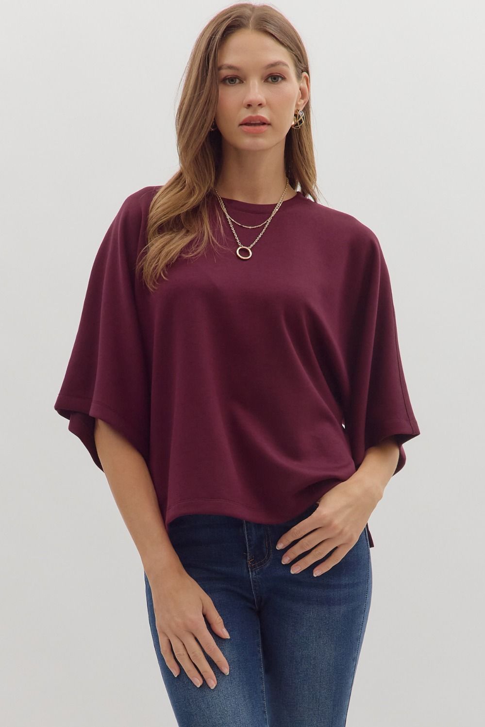 Elbow Slv Solid Top, Color: MAROON, Size: S