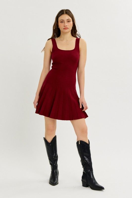 Pleated Sweater Mini Dress, Color: WINE, Size: S