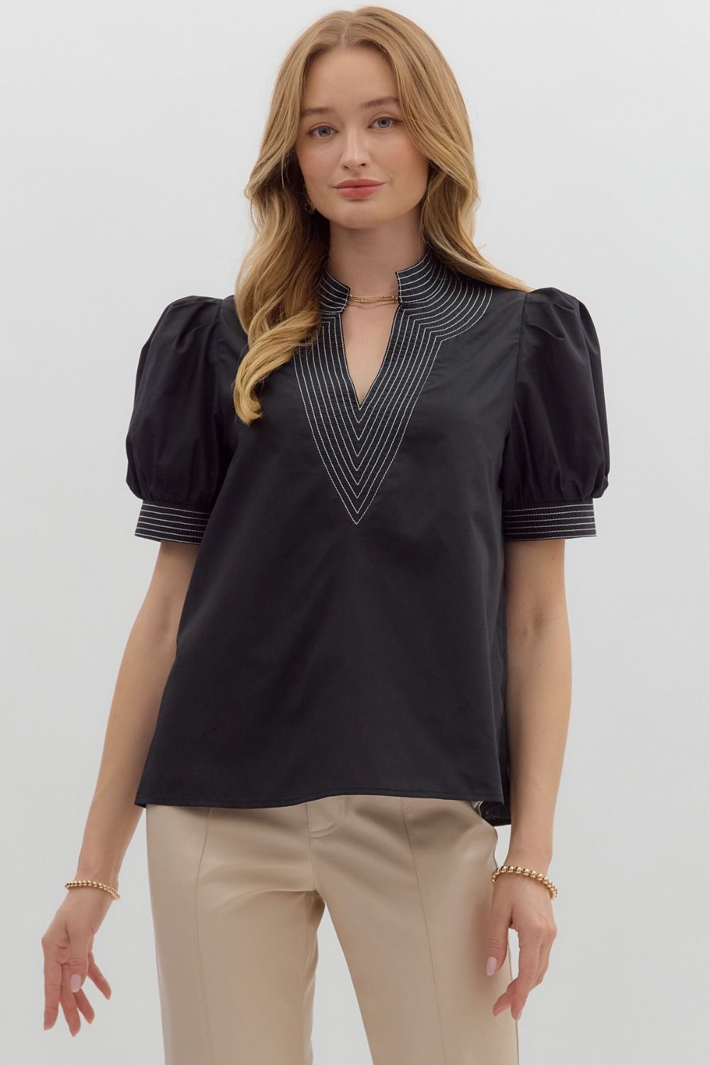 Puff Slv Contrast Stitch Vneck Top, Color: BLACK, Size: S