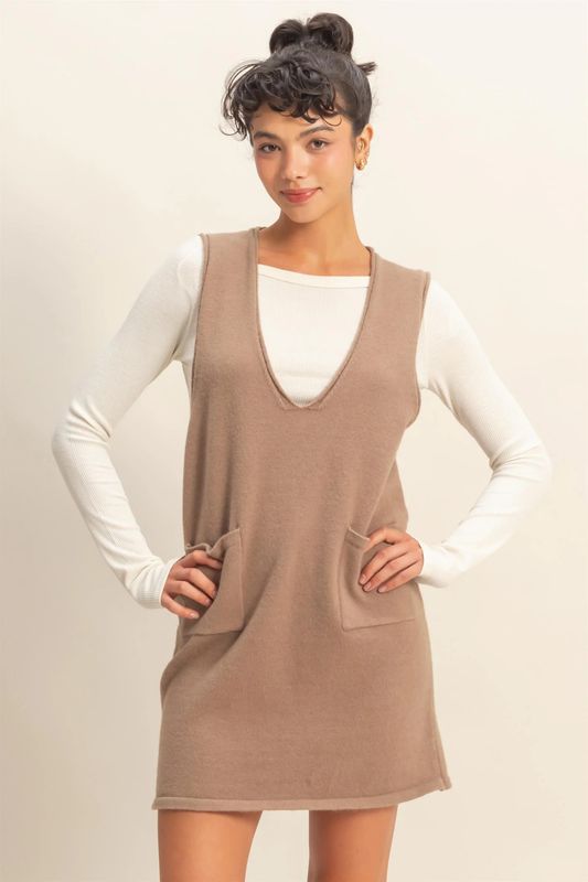 VNeck S/L Knit Mini Dress