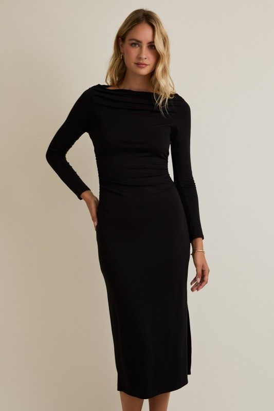 Wide Neck Fitted Midi Dress, Color: BLACK, Size: S