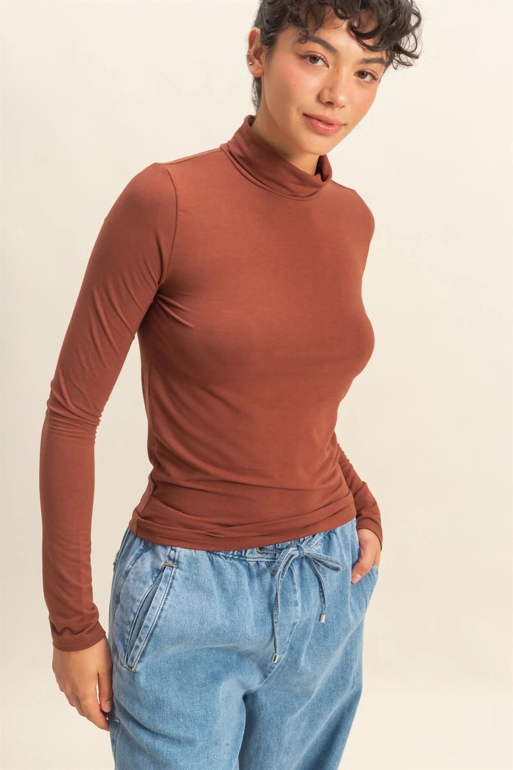 Turtleneck L/S Fitted Top, Color: CHESTNUT, Size: S