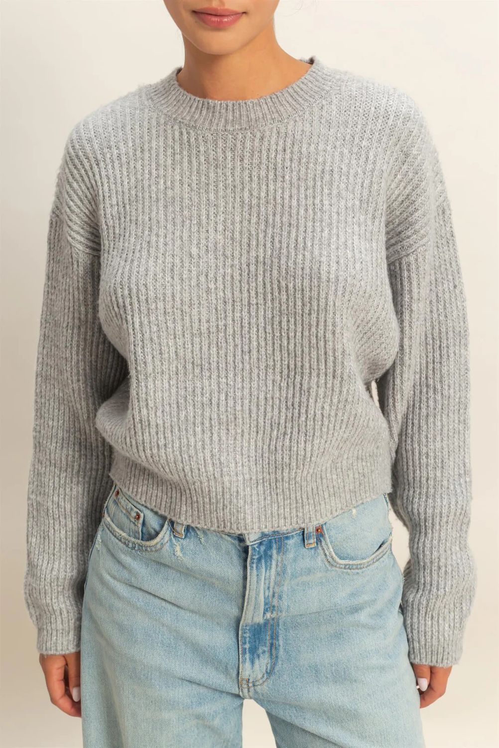Ribbed Crewneck Sweater, Color: HGREY, Size: S