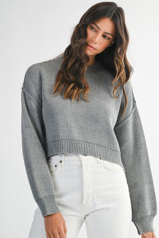 Solid Mock Neck Crop Sweater, Color: GREY, Size: S