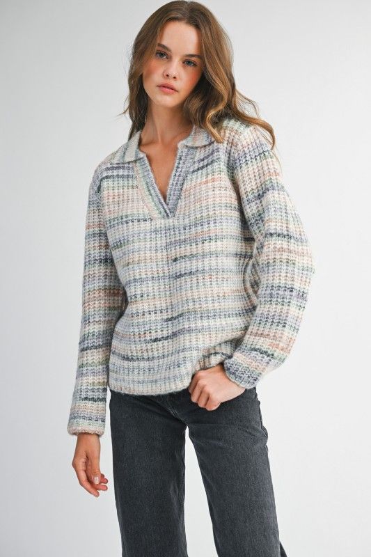 Space Dye Collared Sweater, Color: MINT MULTI, Size: S