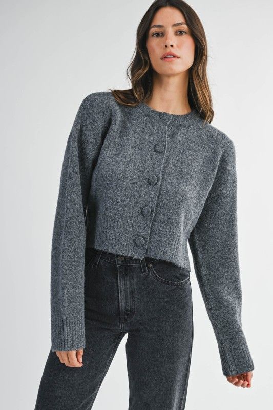 Solid Button Down Crop Cardigan, Color: CHARCOAL, Size: S