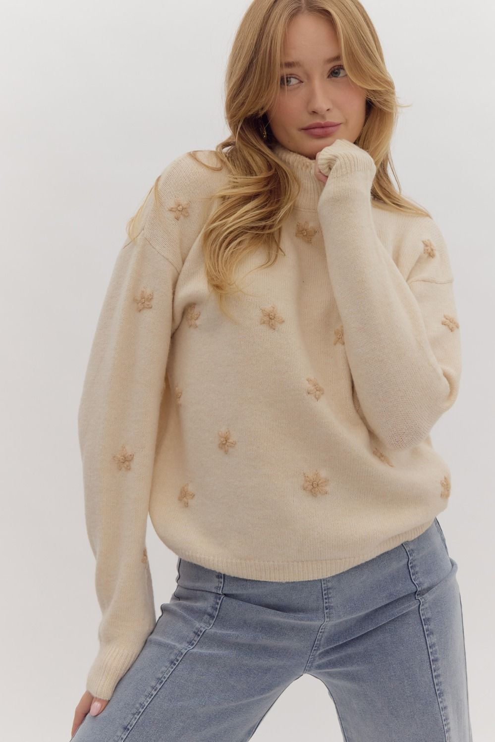 Embroidered Sweater W/Contrast Detail, Color: OATMEAL, Size: S