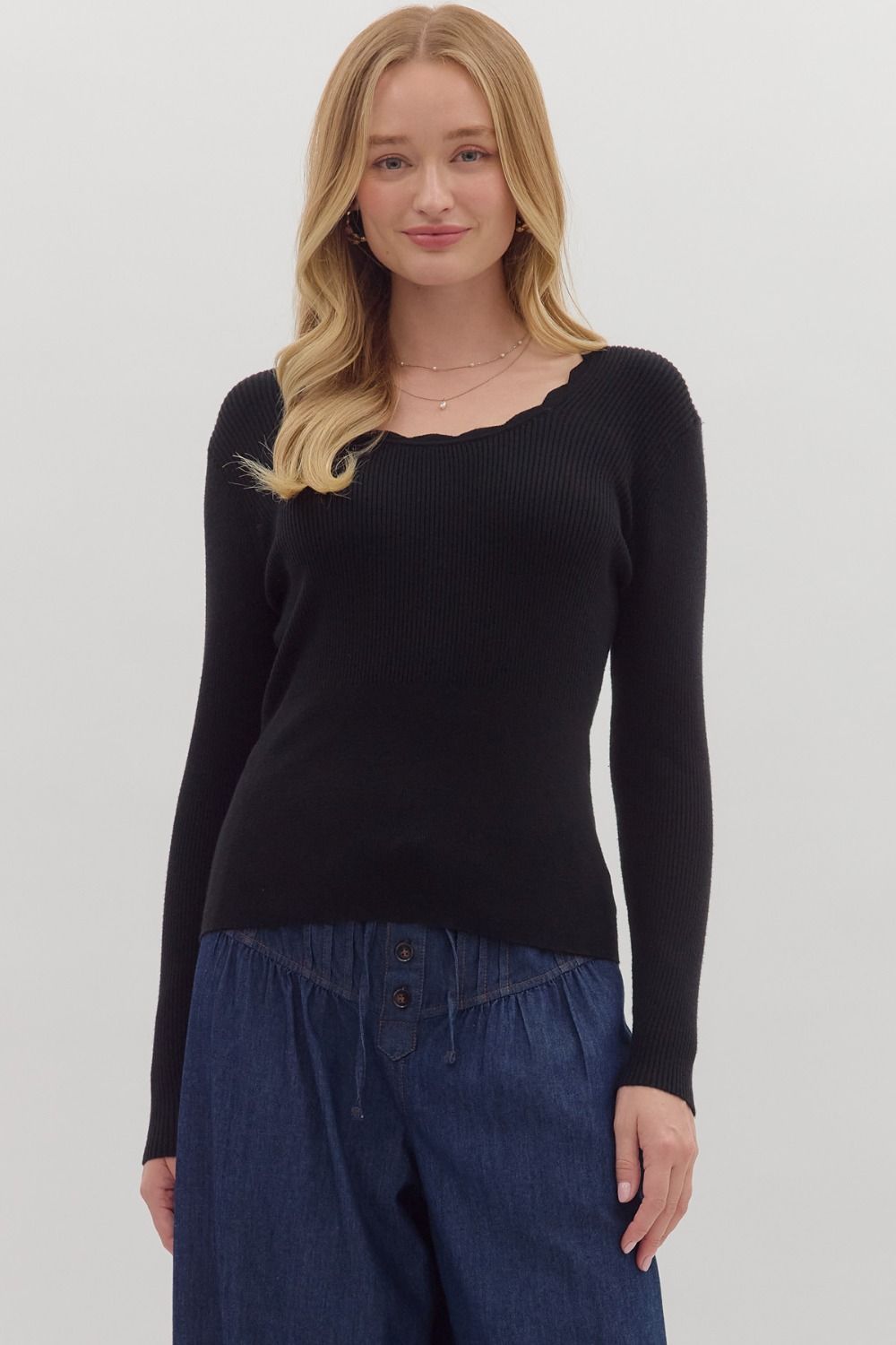 Scallop Neck Ribbed Knit Top, Color: BLACK, Size: S