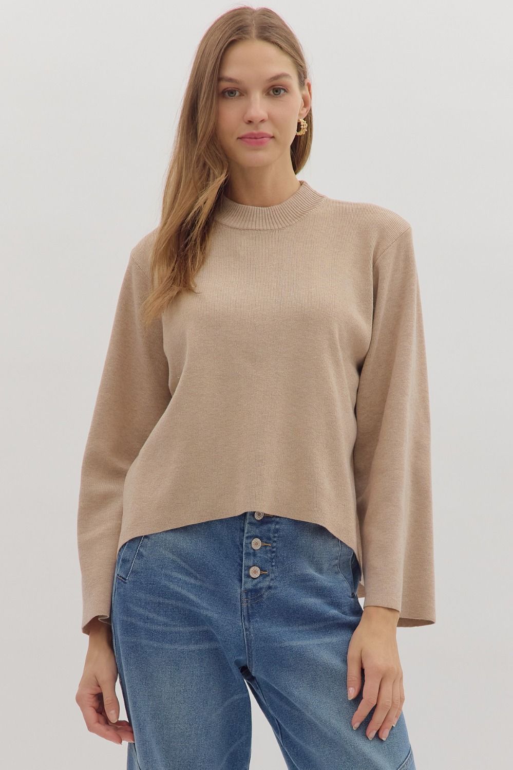 Bell Slv Mock Neck Sweater, Color: OATMEAL, Size: S
