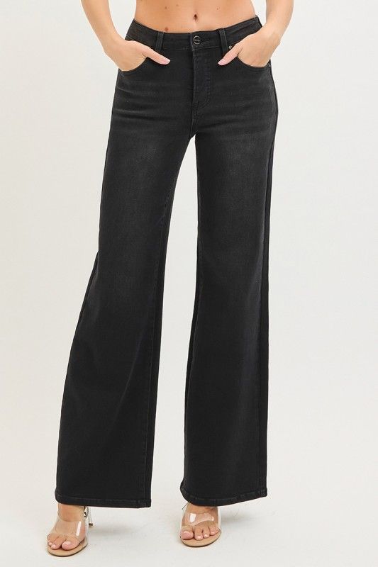 Tummy Control High Rise Wide Leg Jeans, Color: BLACK, Size: 0