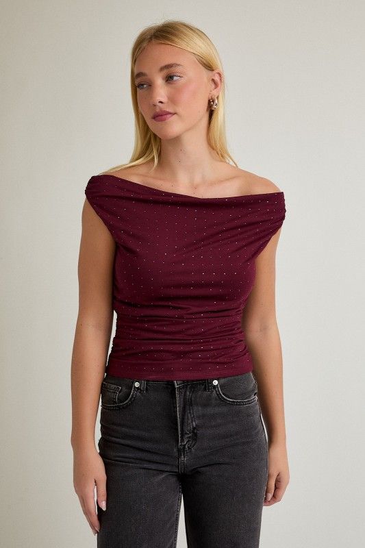 Off Shoulder Rhinestone Top, Color: BURGANDY, Size: XS