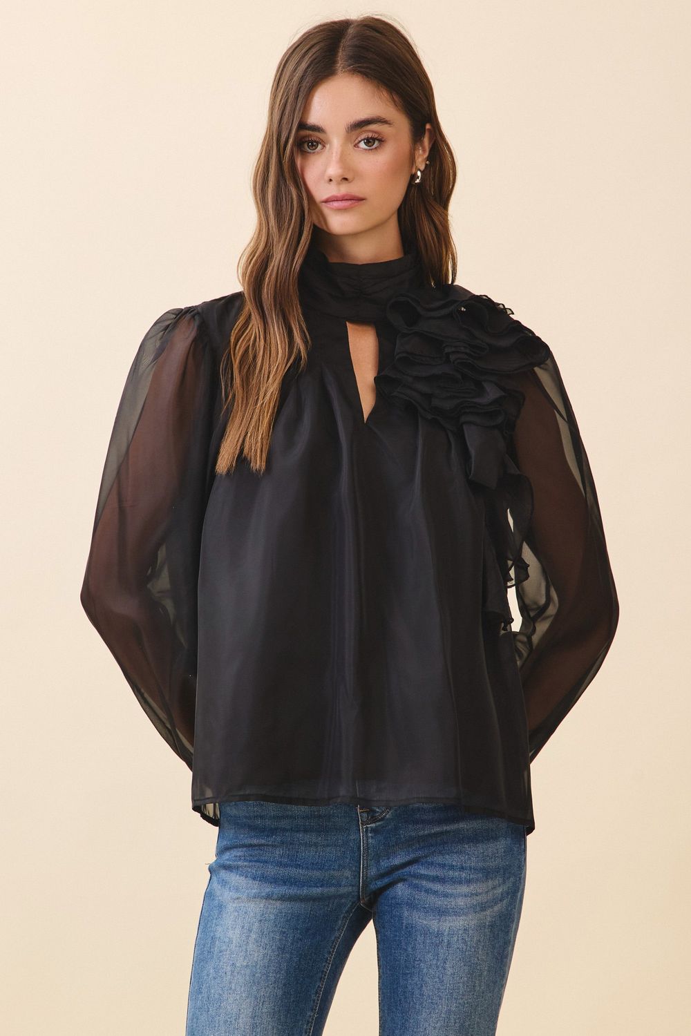 Sheer Organza Keyhole Blouse, Color: BLACK, Size: S