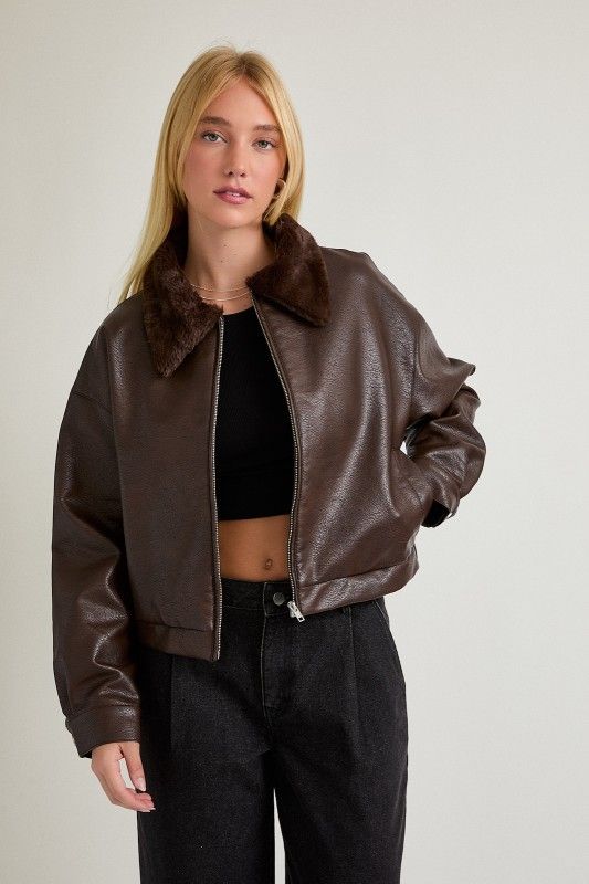 Faux Leather Crop Jacket, Color: BROWN, Size: XS