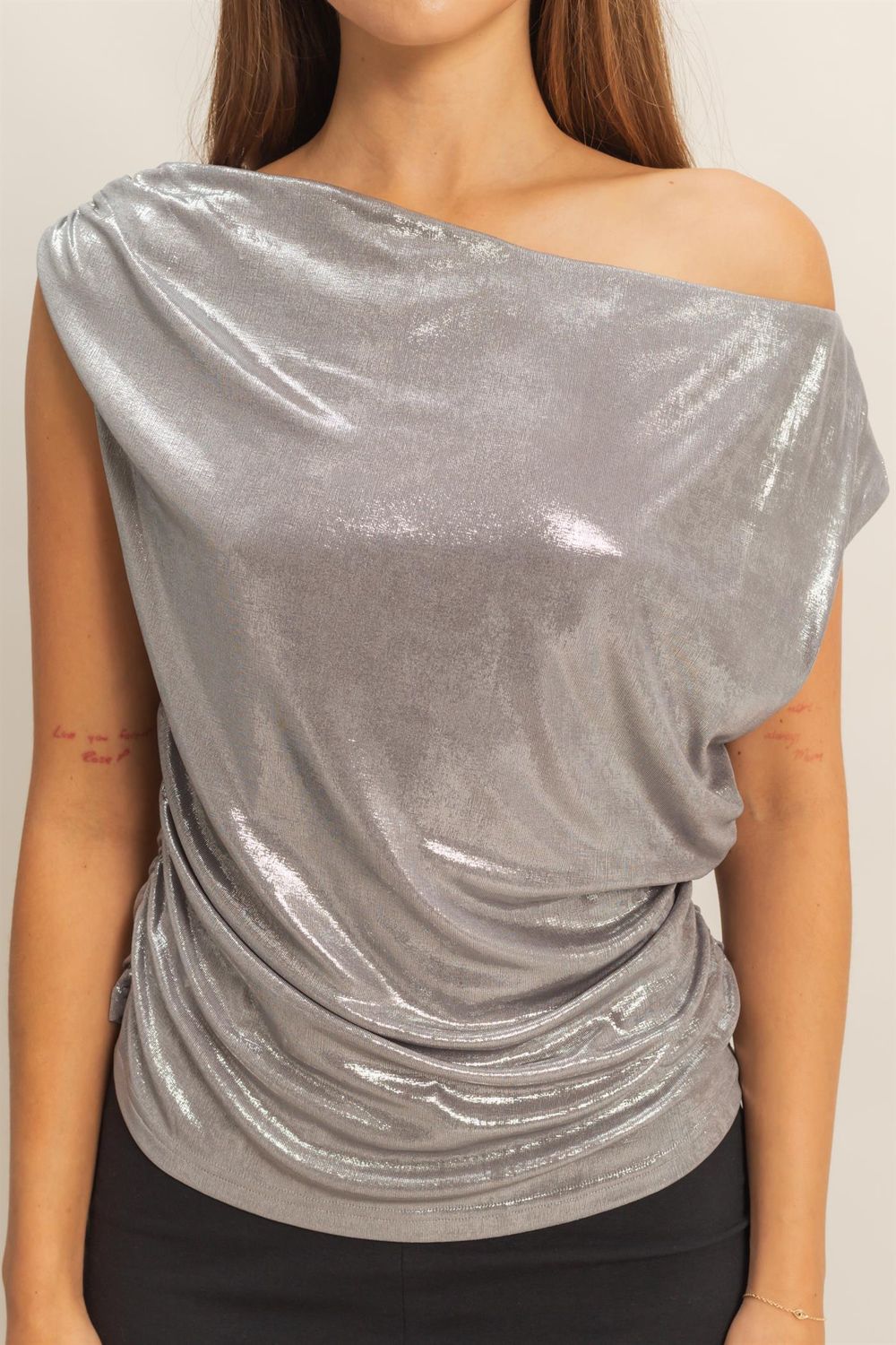 Asymmetrical Draped Top, Color: SILVER, Size: S