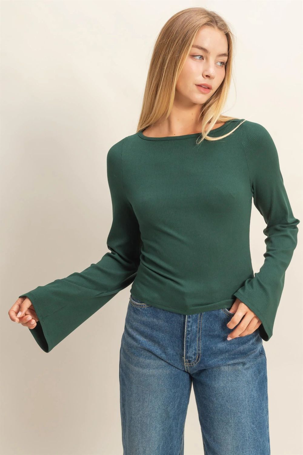 Bell Slv Ribbed Knit Top, Color: DARK GREEN, Size: S