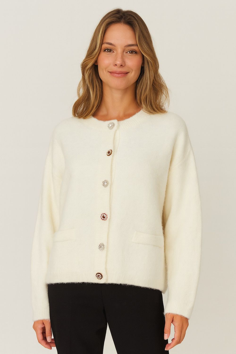 Cardigan W/Gem Buttons, Color: IVORY, Size: S/M