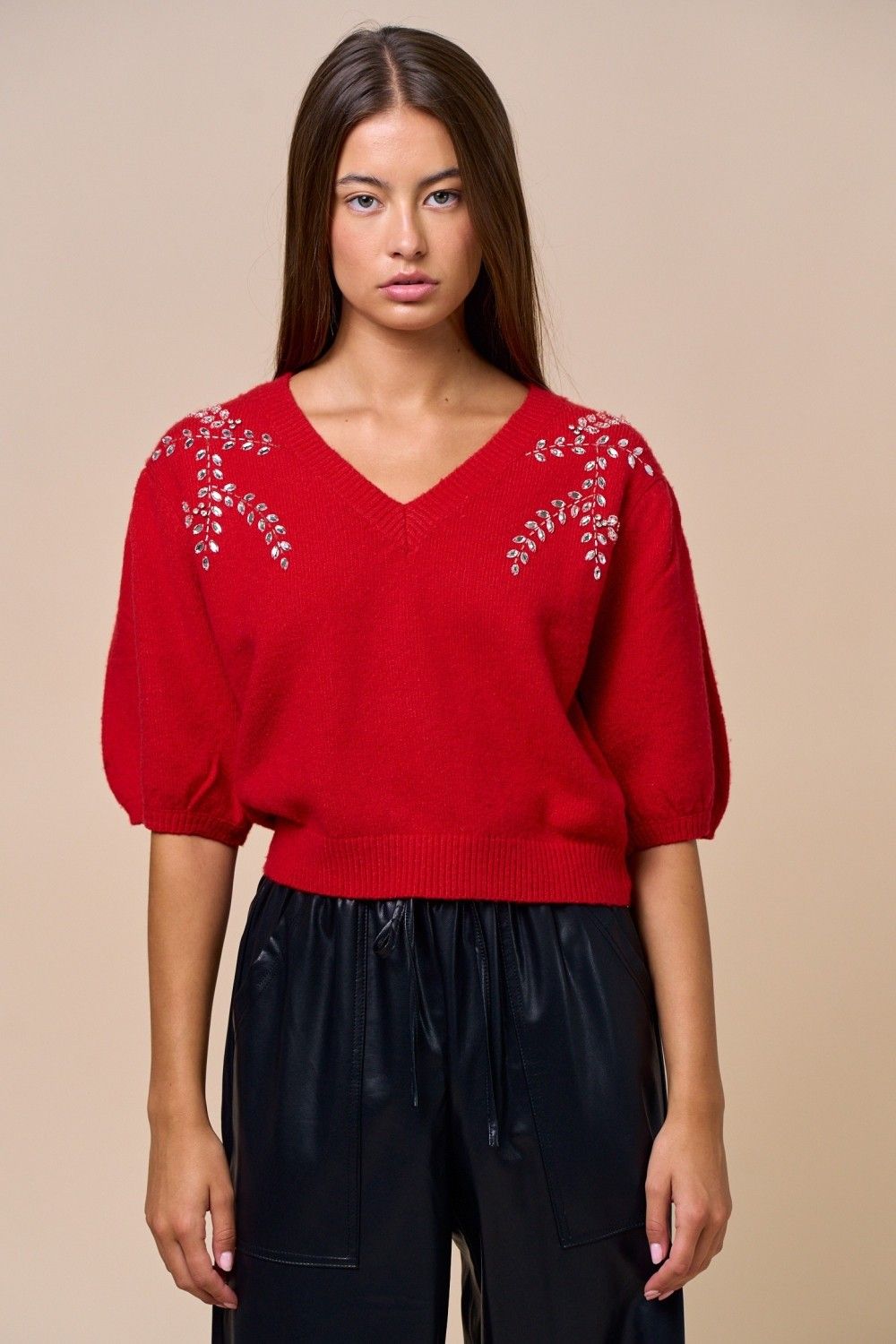 Puff Slv Embroidered Leaves Swtr, Color: RED, Size: S