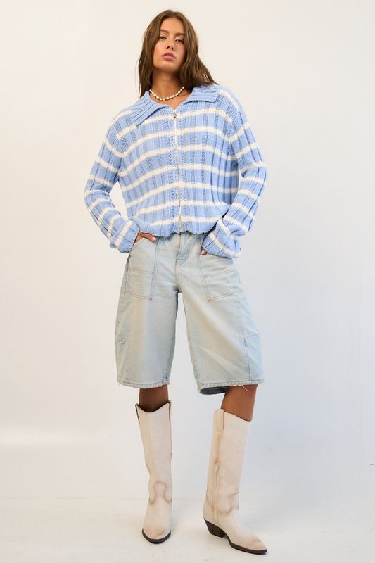 Ribbed Stripe Knit Zip-up Sweater