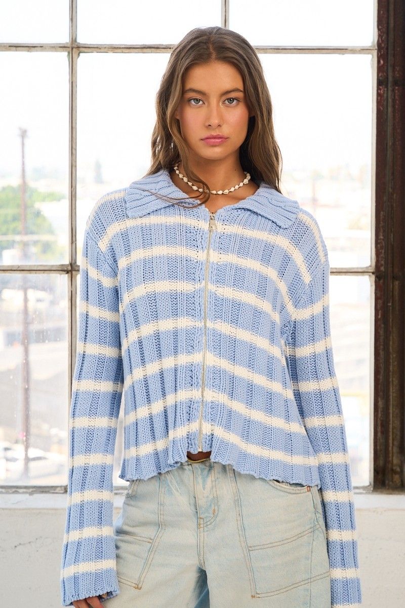 Ribbed Stripe Knit Zip-up Sweater, Color: CREAM/BLUE, Size: S/M