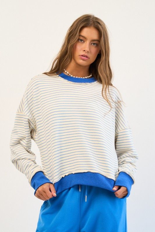 Striped Sweatshirt W/Back Cross Detail, Color: BLUE STRIPE, Size: S