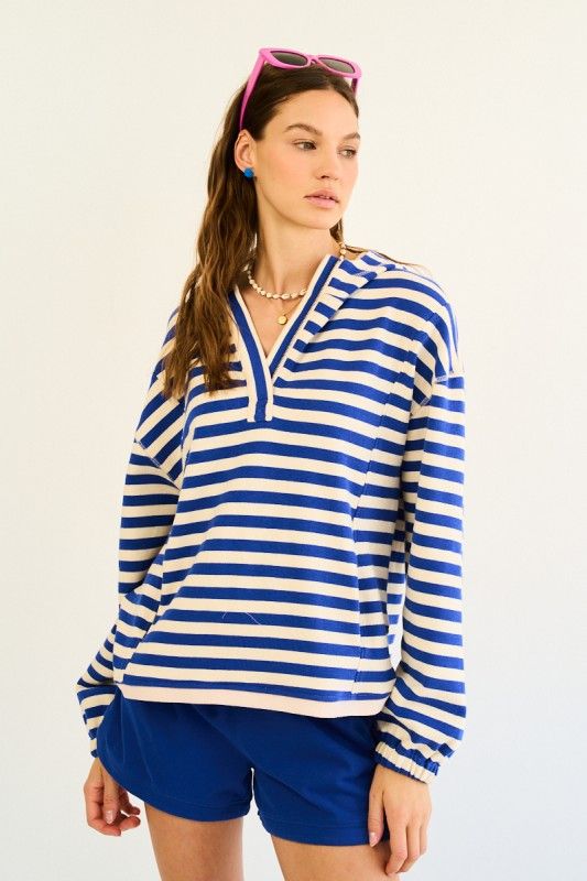 Half Zip Frency Terry Stripe Hoodie, Color: BLUE/IVORY, Size: S