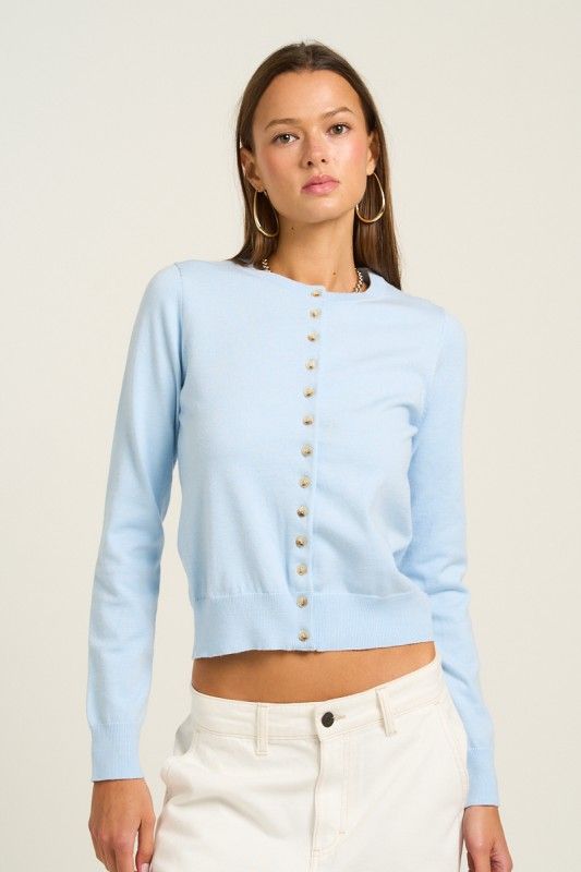 Solid Button Cardigan, Color: LT BLUE, Size: S